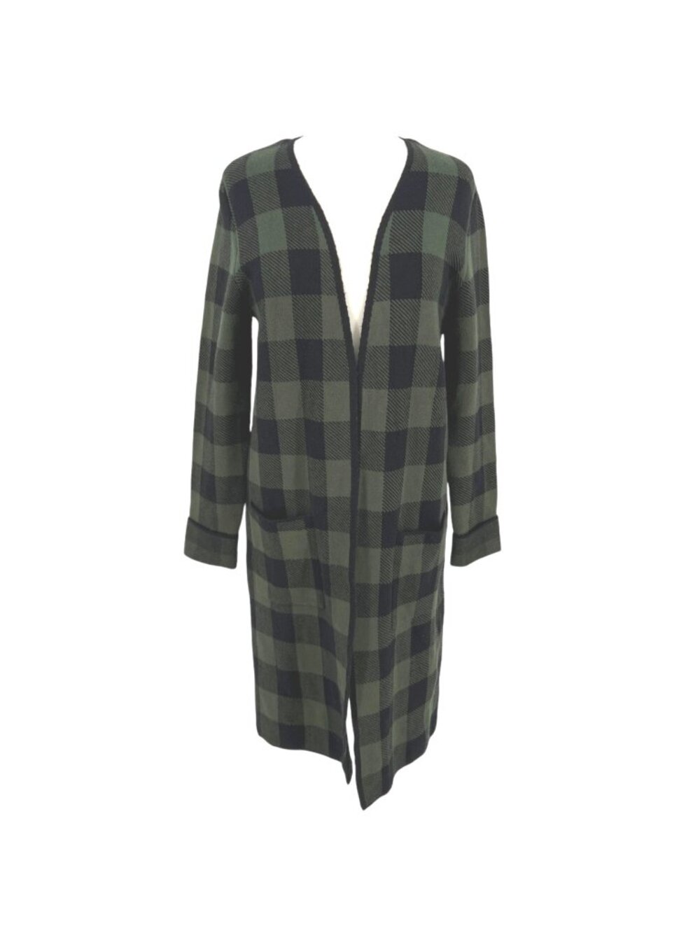 Margeaux & Ellie Plaid Long Open Cardigan Sweater Duster Green Black Size Small